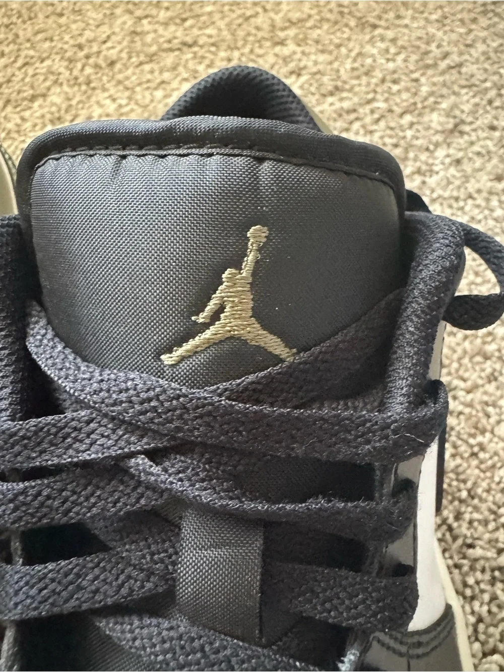 Jordan Low-Top Sneakers — Black, White & Dark Green with Gold Jumpman